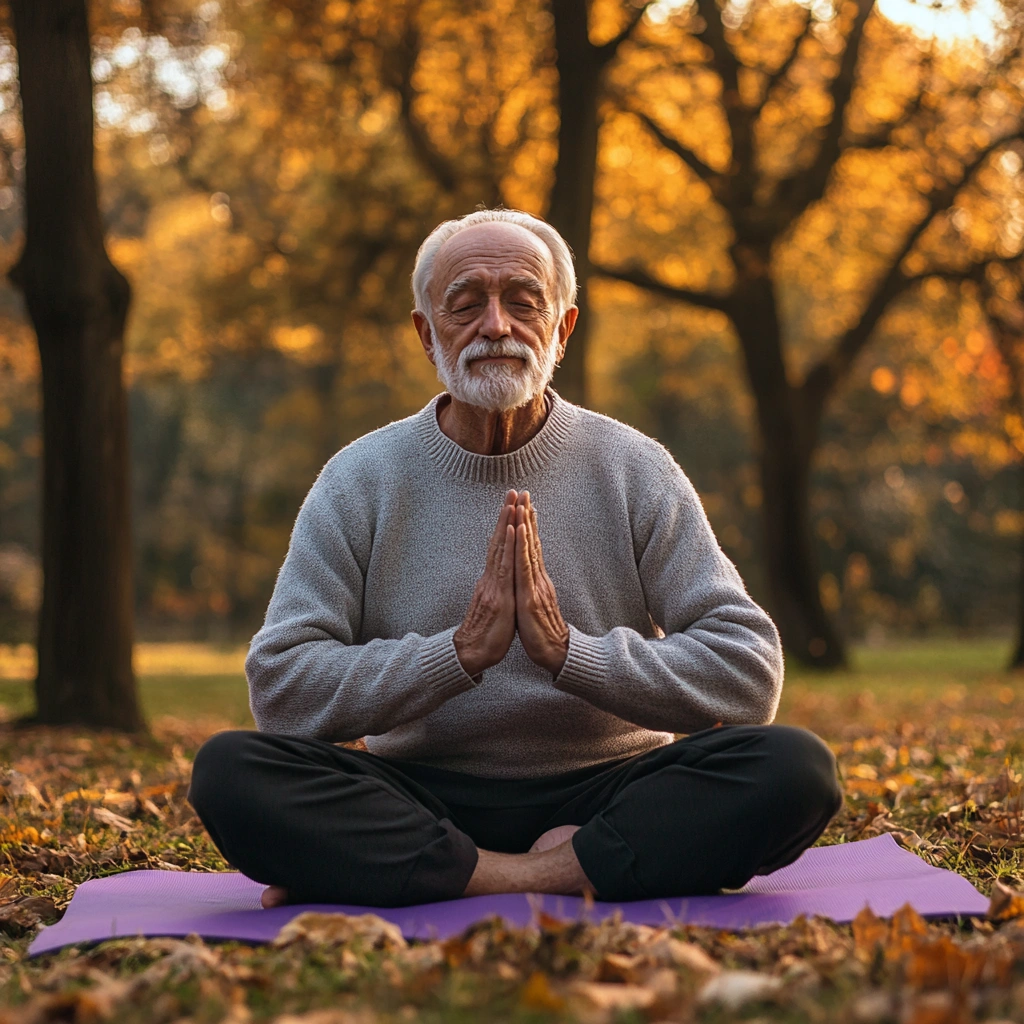 Пенсіонер займається йогою в парку